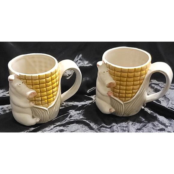 Set Of 2 Vintage TAKAHASHI Porcelain Coffee Cup Mug Pig & Ear of Corn Japan - Picture 1 of 11